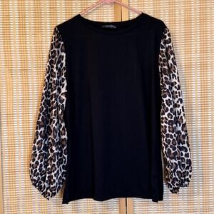Coeur de Vague Womens 3XL Black Leopard Print Balloon Sleeve Blouse Top Cotton